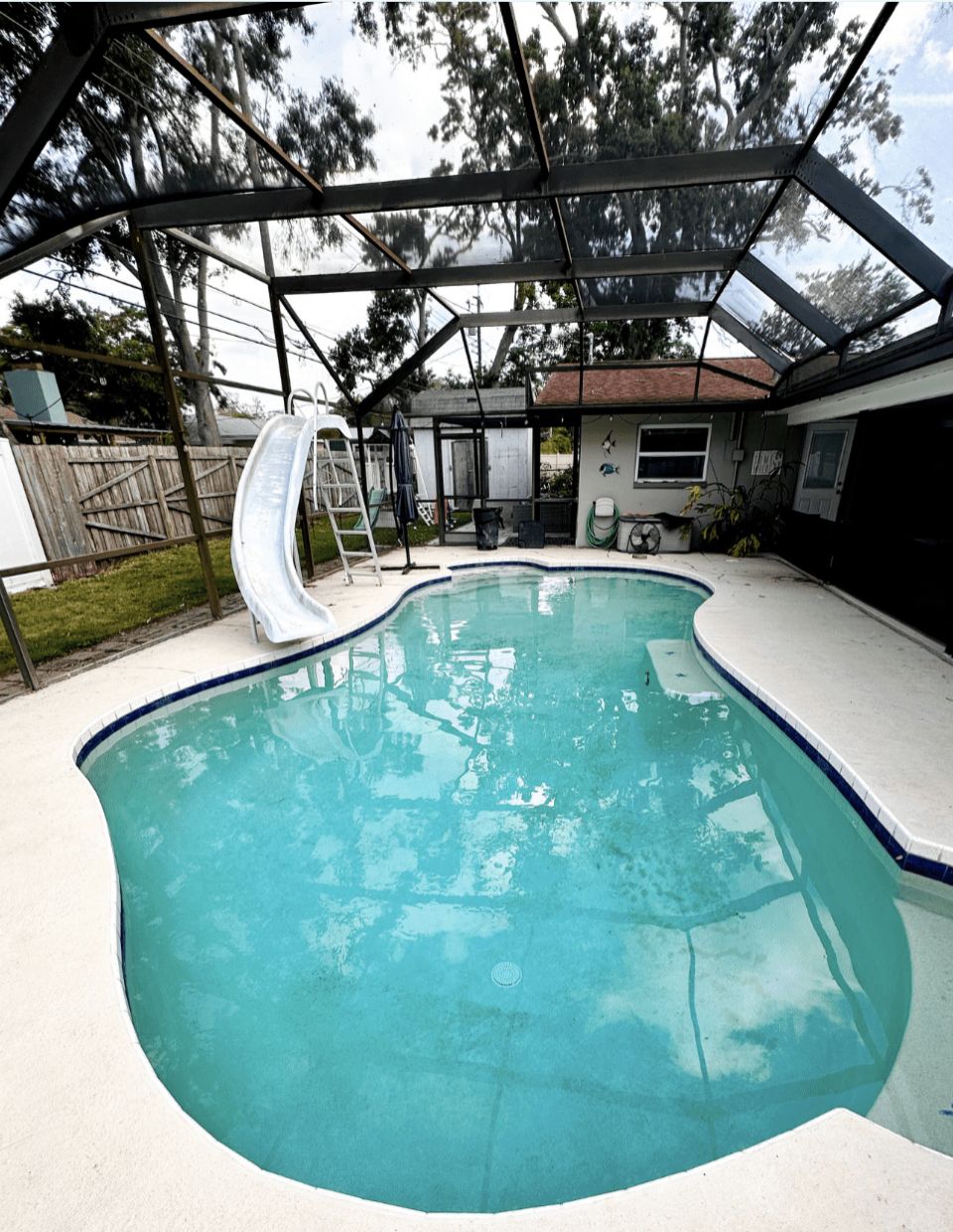 The same backyard pool crystal clear after Blue Avenue Pools green-to-clean recovery