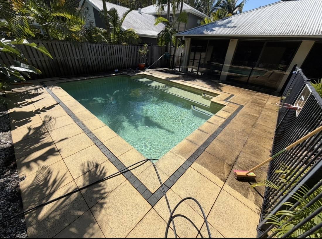 Overhead view of a freshly cleaned pool and surrounds by Blue Avenue Pools