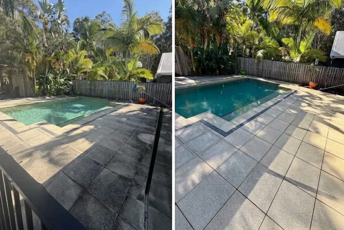Pool surround pavers before and after pressure washing