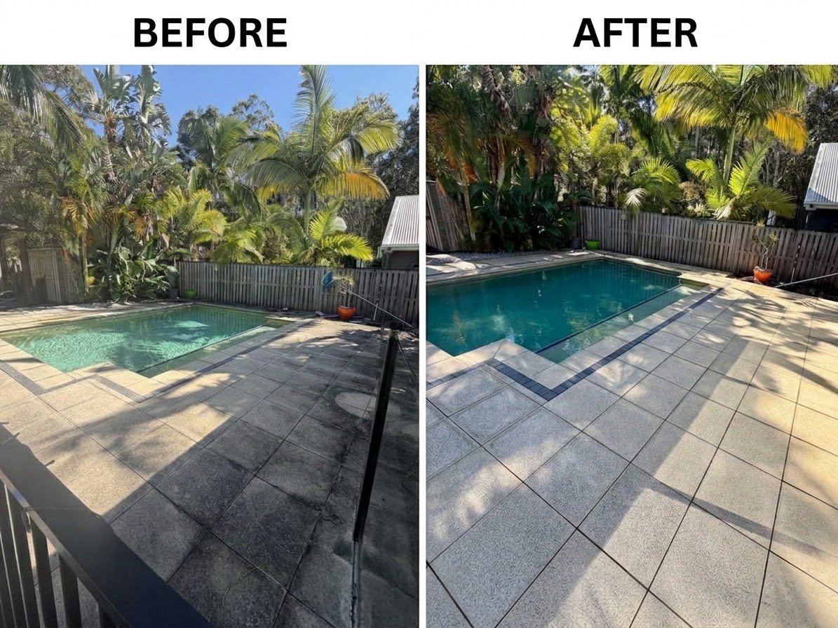 Pool surround pavers before and after Blue Avenue pressure washing